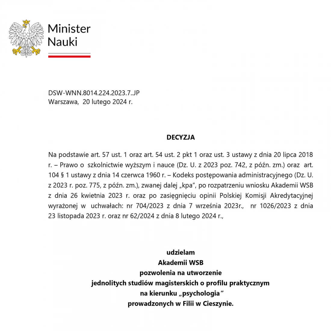 Decyzja Ministra Nauki - zgoda na prowadzenie kierunku Psychologia