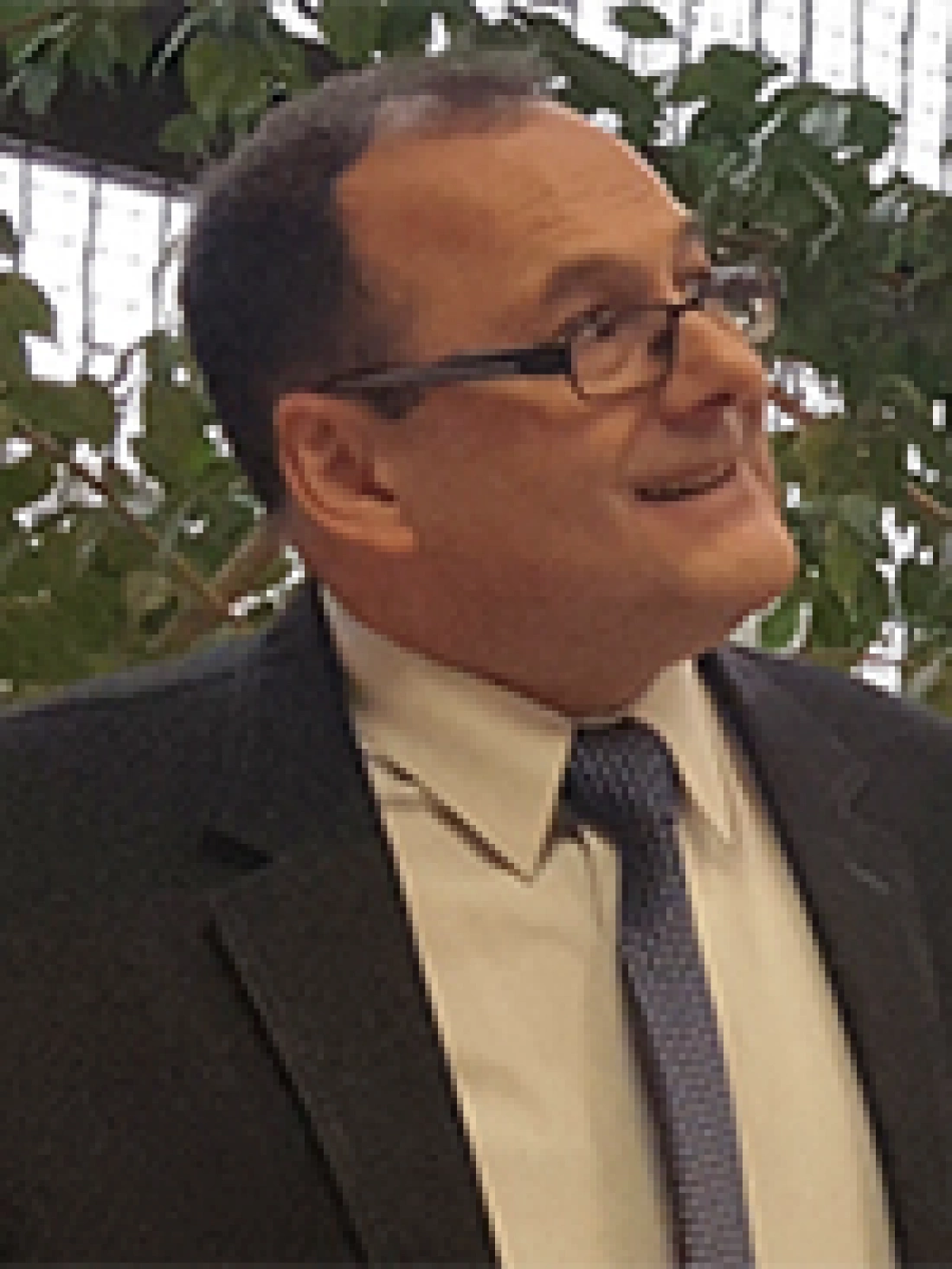 Mężczyzna w garniturze uśmiecha się i patrzy w górę, w tle rośliny.