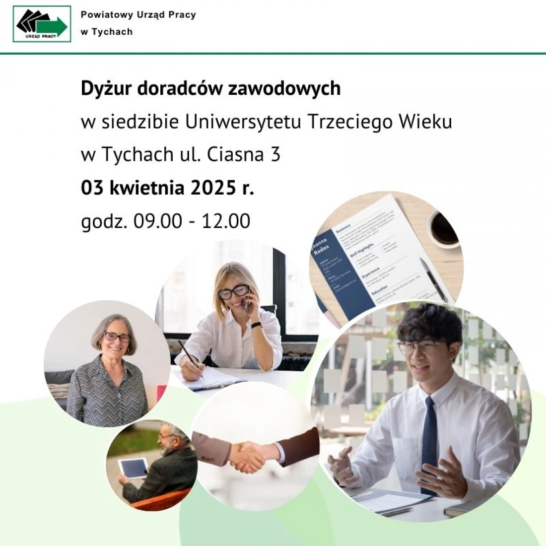 Zaproszenie na dyżur doradców zawodowych w Tychach, 3 kwietnia 2025, godz. 9:00-12:00.