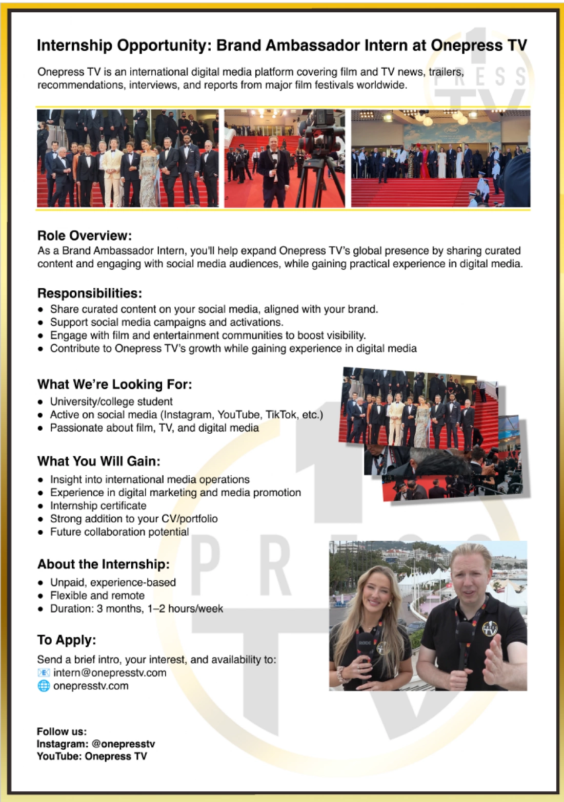 Internship Opportunity: Brand Ambassador Intern at Onepress TV