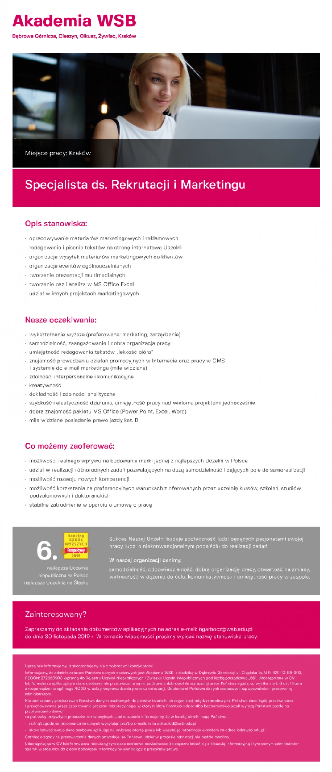 Ogłoszenie o pracę na stanowisko Specjalisty ds. Rekrutacji i Marketingu w Krakowie.