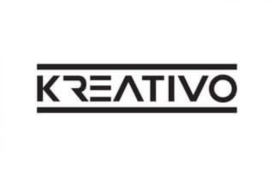 Logo z napisem "KREATIVO" w nowoczesnym stylu.