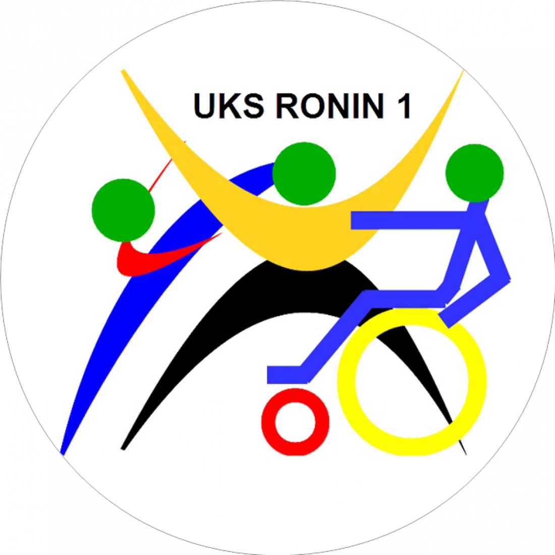 Logo sportowe z postaciami w ruchu, symbolizujące aktywność i integrację, z napisem "UKS RONIN 1".