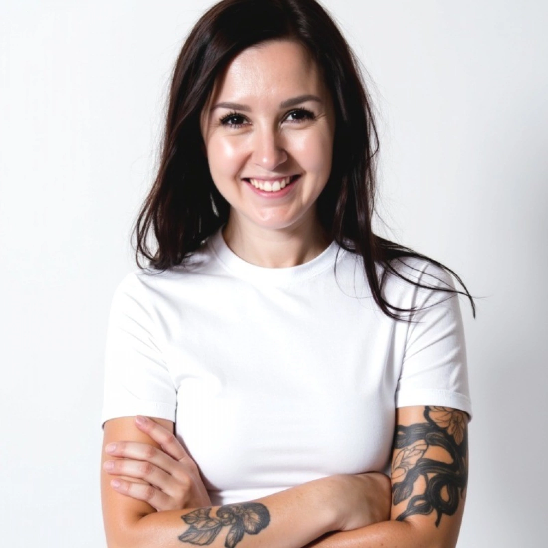 Młoda kobieta w czarnym topie, uśmiechająca się i opierająca głowę na dłoni.