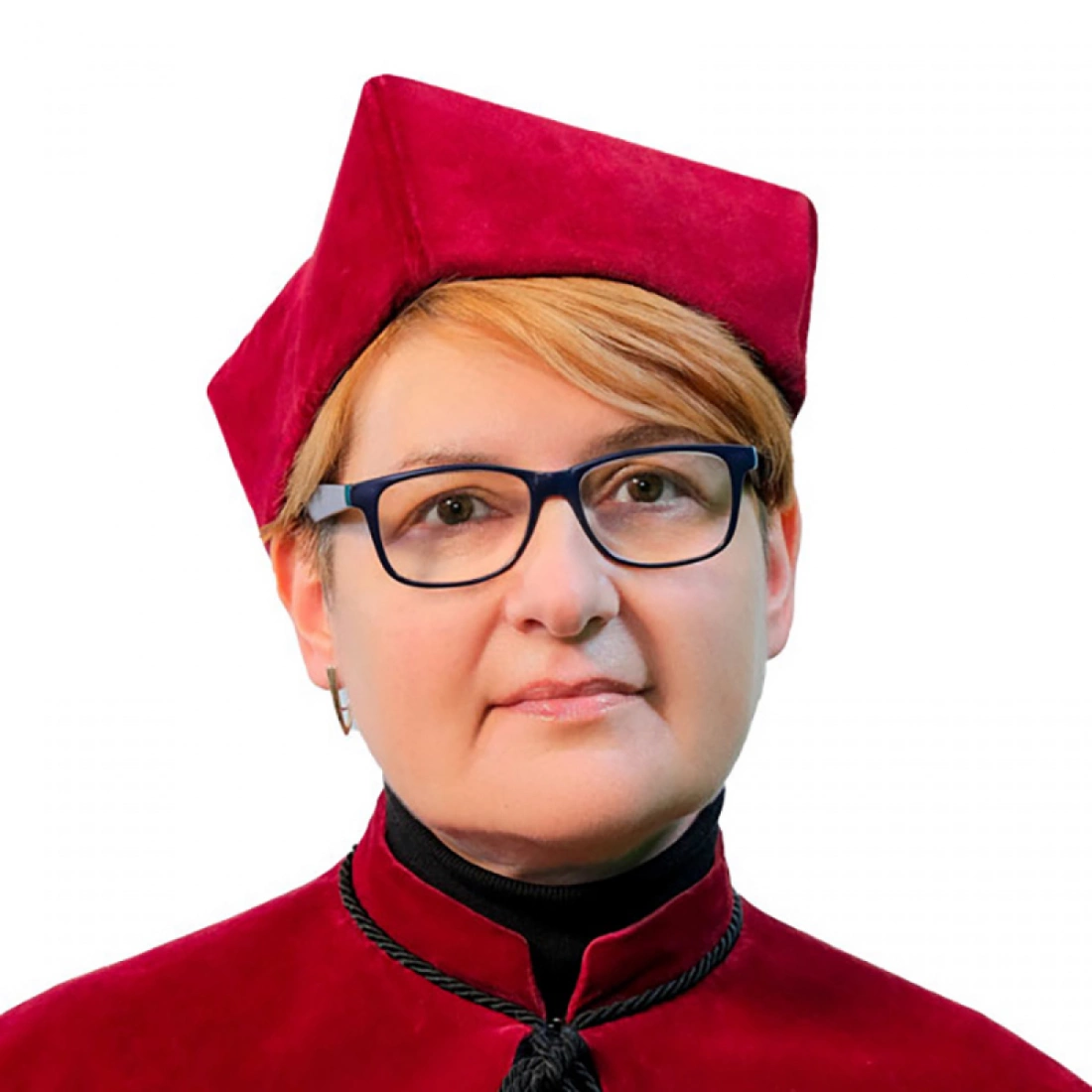 Kobieta w czerwonym stroju z charakterystycznym nakryciem głowy.