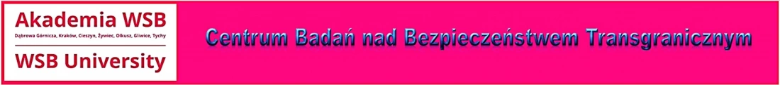 Logo Akademii WSB z napisem o Centrum Badań nad Bezpieczeństwem Transgranicznym.