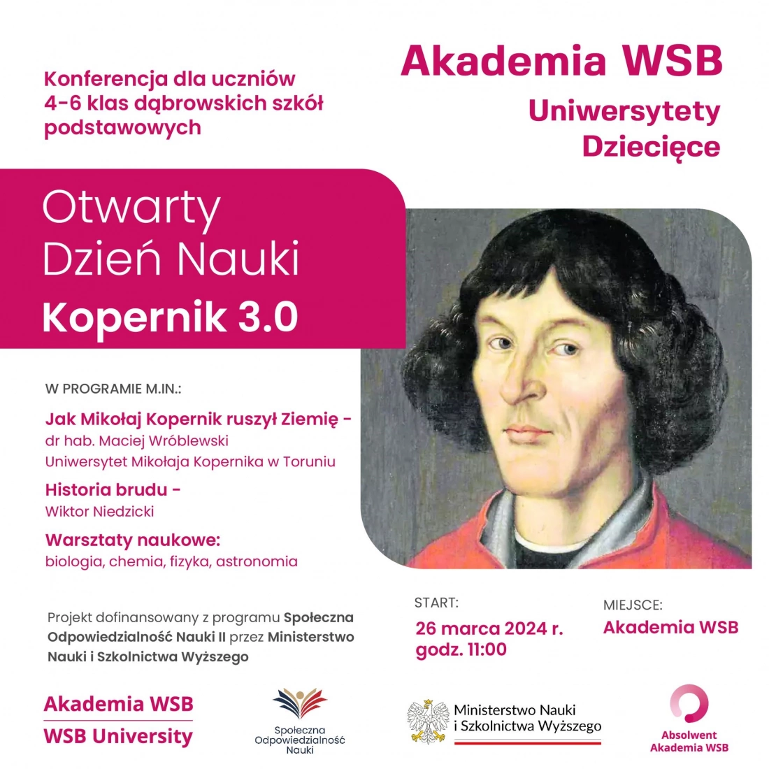 Plakat promujący Otwarty Dzień Nauki "Kopernik 3.0" w Akademii WSB, z informacjami o programie i dacie wydarzenia.