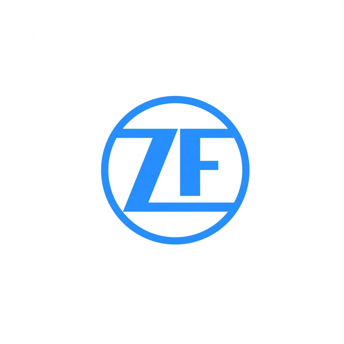 Logo firmy ZF w kolorze niebieskim na białym tle.