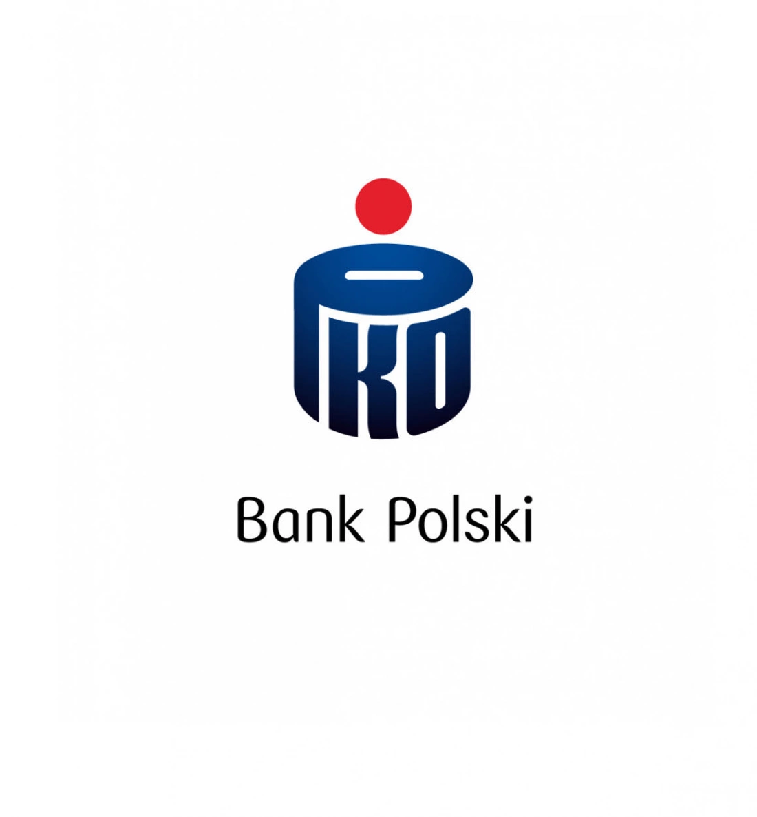 Logo Banku Polskiego z niebieskim napisem "PKO" i czerwonym punktem.