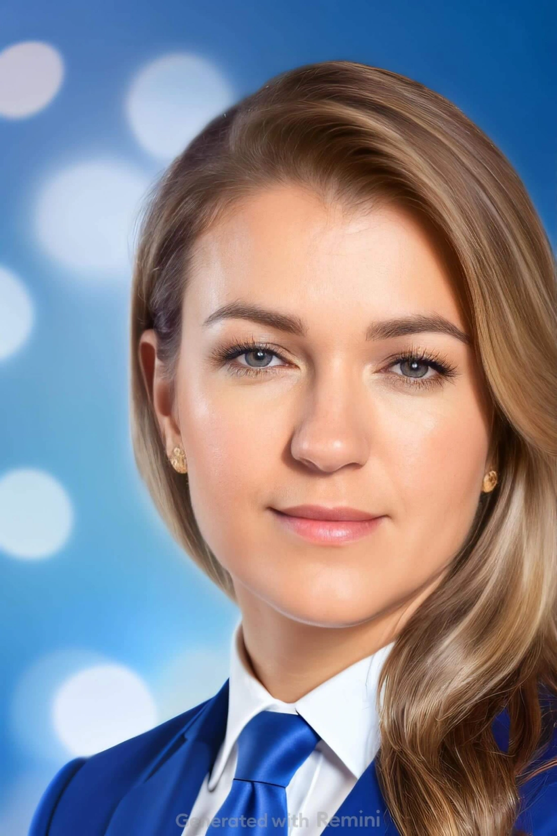 Portret młodej kobiety w niebieskim garniturze z jasnym tłem.