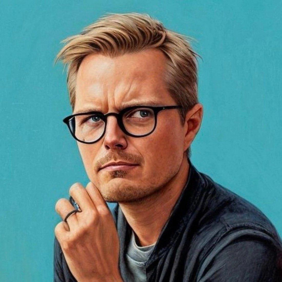 Mężczyzna z krótkimi, blond włosami i okularami, myślący, z ręką przy twarzy, na tle niebieskiej ściany.