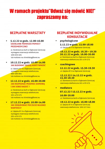 ilustracja aktualności: Zapraszamy na BEZPŁATNE WARSZTATY w ramach projektu „ODWAŻ SIĘ MÓWIĆ NIE!"