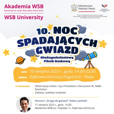 ilustracja aktualności: Zapraszamy na X Noc Spadających Gwiazd Akademii WSB "Międzypokoleniowy Piknik Naukowy"