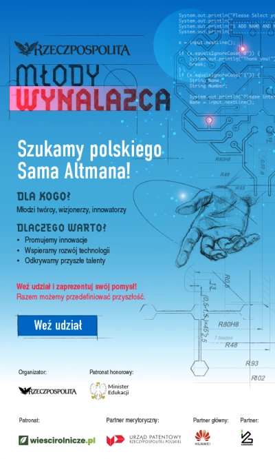 ilustracja aktualności:  Zaproszenie do udziału w konkursie „Młody Wynalazca – w poszukiwaniu polskiego Sama Altmana”