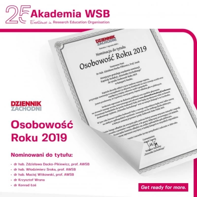 ilustracja aktualności:  Rektor i przedstawiciele kadry naukowej Akademii WSB z nominacjami do tytułu Osobowość Roku 2019