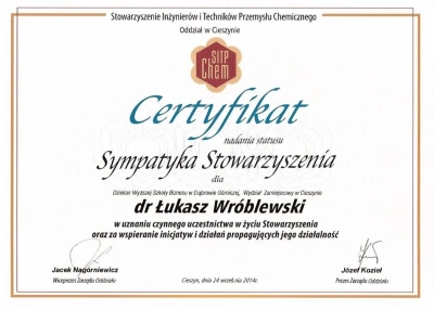 ilustracja aktualności: Działalność Wydziału Zamiejscowego w Cieszynie doceniona przez Stowarzyszenie Inżynierów i Techników Przemysłu Chemicznego 