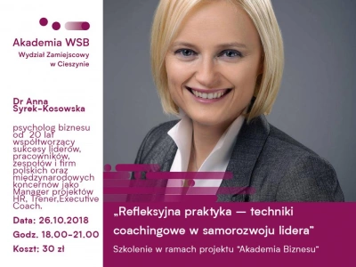 ilustracja aktualności: Szkolenie Akademii Biznesu „Refleksyjna praktyka – techniki coachingowe w samorozwoju lidera” - dr Anna Syrek-Kosowska