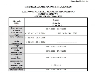 ilustracja aktualności: Terminy Zjazdów i Harmonogram Roku Akademickiego 2015/2016 w WZ w Olkuszu